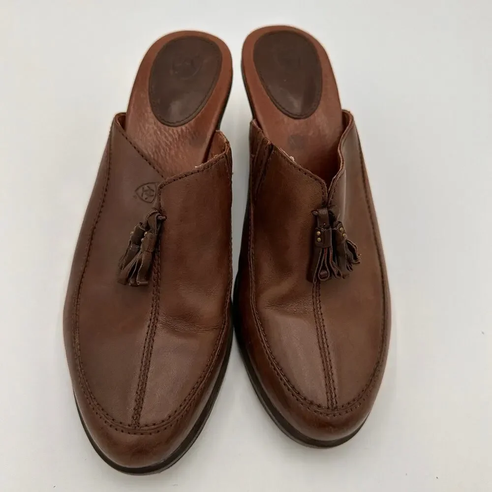 Ariat Brown Leather Tassle Slip On Mules Heels Size 9B